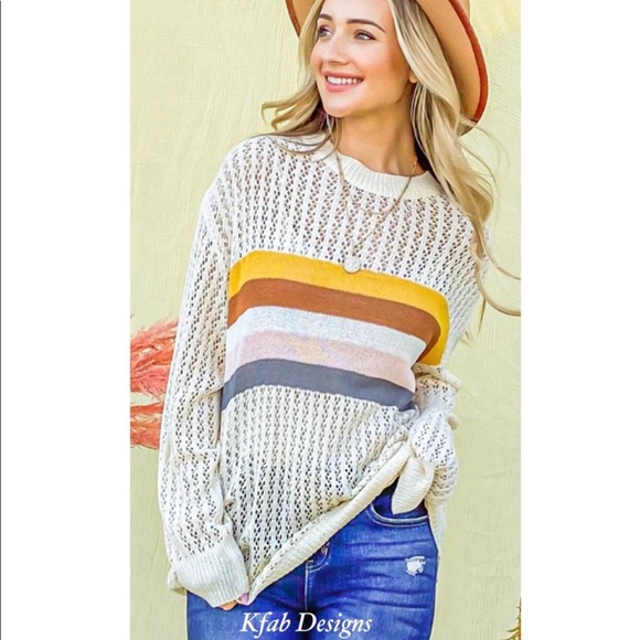 New! Clearance Colorblock Eyelet Hole Striped Lightweight Long Sleeve Sweater - Picture 3 of 9